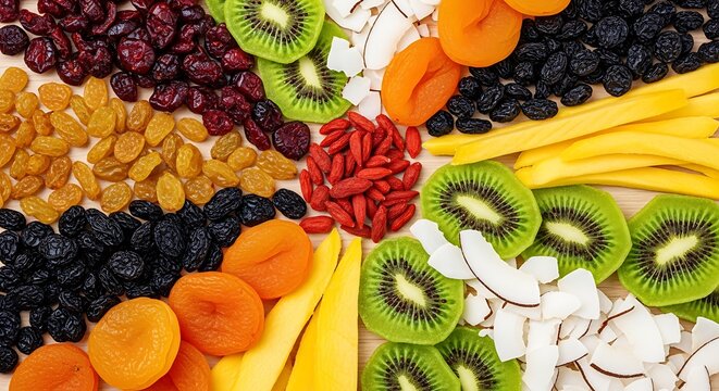 Assorted dried fruits including kiwi berries and apricots colorful healthy snack concept organic food background high resolution