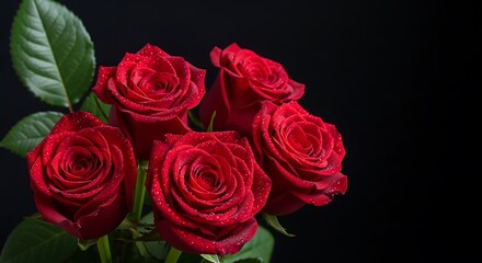 Fototapeta premium A bouquet of red roses with green leaves on a black background