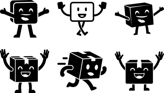 Set of cartoon cube characters with different happy expressions and poses