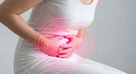 Menstrual cramps and abdominal pain relief. Digestive discomfort and internal inflammation. Woman sitting and holding painful stomach with radiating red circles