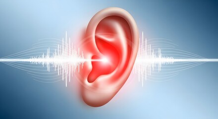 Ear ache treatment and hearing loss diagnosis. Audiology and otolaryngology medical concept. Human ear with red inflammation and white digital sound wave frequencies passing through it
