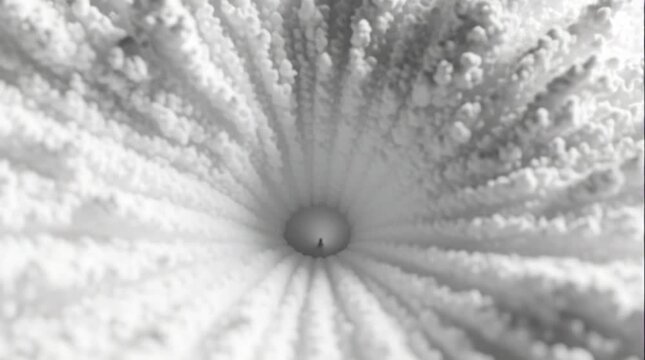 White powder particles pulling into central vortex creating abstract geometric sinkhole disturbance