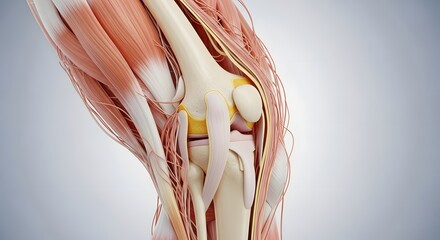 Knee anatomy structure and ligament fiber detail. Orthopedic science and medical education. Close up 3D render of a human knee joint showing muscles, tendons, and connective tissue