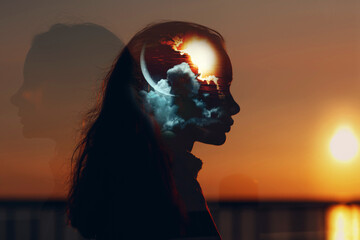 Circadian hythms and human biorhythms concept. Day and night sleep-awake 24 hour cycle. Sun and crescent moon in female head. Mental health and insomnia internal clock © primipil