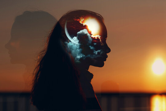 Circadian hythms and human biorhythms concept. Day and night sleep-awake 24 hour cycle. Sun and crescent moon in female head. Mental health and insomnia internal clock