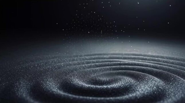 Dark sparkling sand particles swirling into spiral vortex under gentle falling dust disturbance
