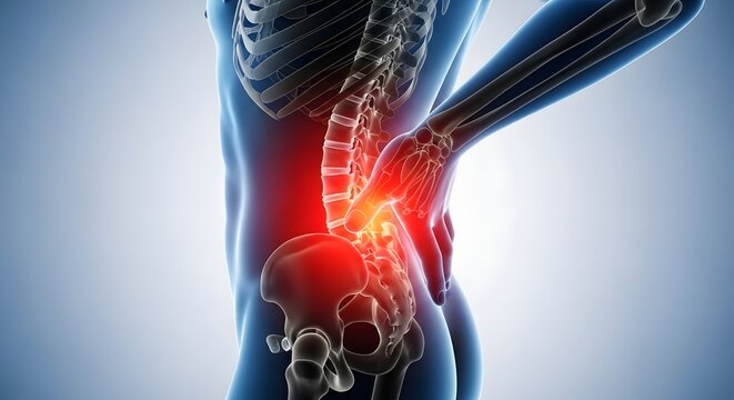 Lower back pain and lumbar spine inflammation on human body. Orthopedic medicine and sciatica relief. 3D anatomy showing red glowing vertebrae and discs with hand pressure