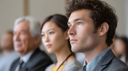 Fototapeta premium A diverse group of professionals attentively listening in a modern conference or business presentation setting