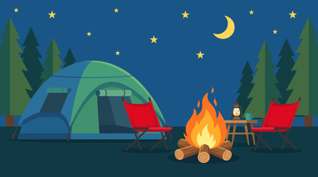 A peaceful campsite features a tent and campfire under a starry sky, epitomizing relaxation, adventure, and the beauty of nature during serene nighttime gatherings.