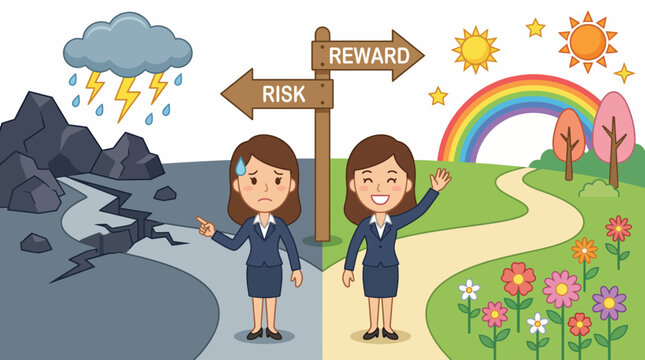 This illustrative depiction of risk versus reward features two paths separated by a signpost, highlighting emotions and choices faced in decision-making processes.