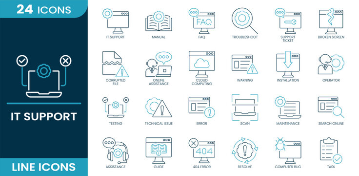 IT support icon set. Technical assistance, system troubleshooting, user helpdesk, service ticket, device repair, screen damage, file corruption, remote support, Line vector icons collection.