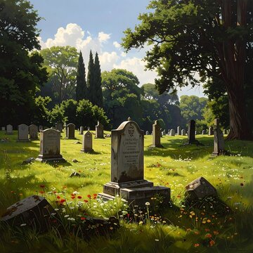A serene old cemetery on a sunny day with lush greenery