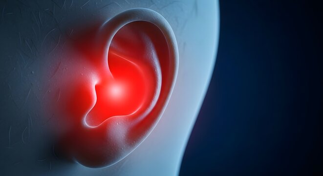 Ear ache and otitis media infection anatomy. Hearing loss and medical auditory healthcare. Close up of human ear with glowing red area indicating internal inflammation and pain