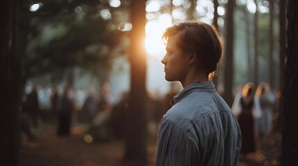 Fototapeta premium A young person in profile is bathed in warm golden hour sunlight within a forest clearing with a blurred gathering of people in the background