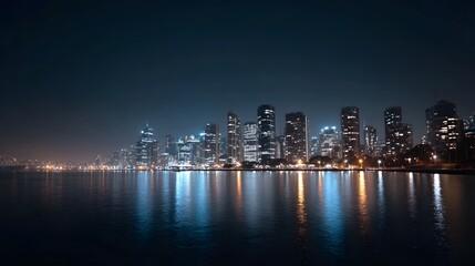 Obraz premium A modern city skyline illuminated at night with towering skyscrapers reflected in the dark water