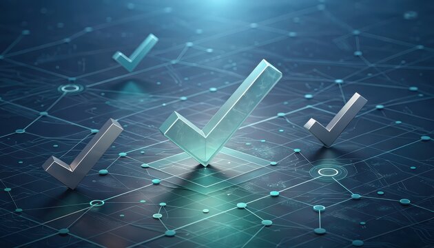Check Marks on Tech Surface Approval Symbolism and Technological Verification Processes Digital Validation Data Security Confirmation Futuristic Checkmarks Secure Transactions