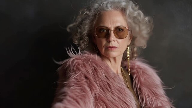 Stylish Senior Woman Aiming Pistol with Fur Coat and Sunglasses