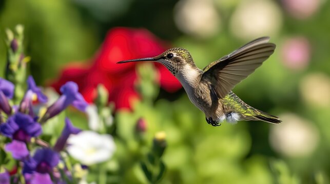 selectively. Hummingbird hovering at garden flowers with motion blur wings and floral background. wildlife magazines, conservation campaigns, designed for nature documentaries and education.