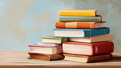 Fototapeta premium Stack of Colorful Hardcover Books on Wooden Table Vector Illustration