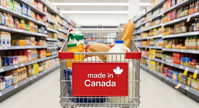 Shopping cart filled with groceries grocery store food