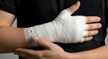Obraz premium Hand injury recovery and medical bandage wrapping. First aid treatment and orthopedic support. Close up of person with fractured wrist or thumb wrapped in white gauze