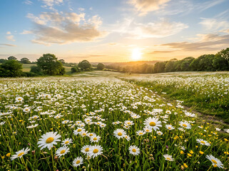 Fototapeta premium A vibrant meadow filled with blooming white daisy flowers under a golden sunset sky at dusk time