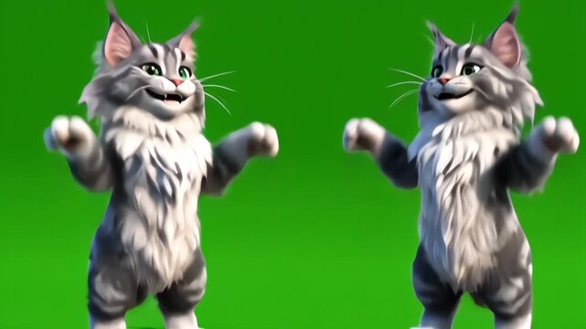 Two cute cartoon cats dancing and spinning playfully on green screen, featuring bouncy synchronized movement and expressive characters for animation compositing