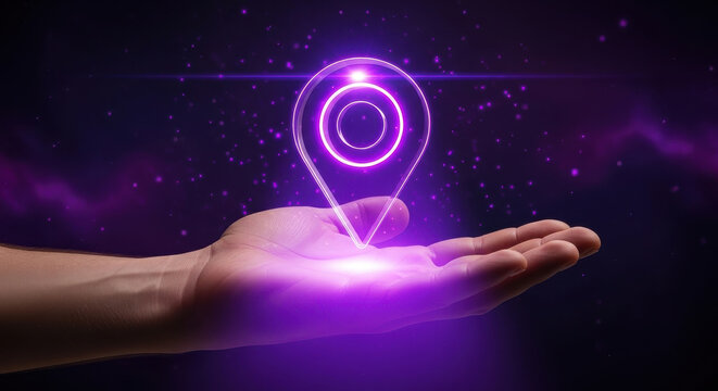 Hand holding glowing purple location pin in dark space