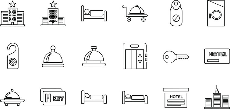 Hotel and Hospitality Icon Set Featuring Hotels, Keys, Room Service, Elevators, and Check-in Symbols for Accommodation, Travel, and Hospitality Design Projects