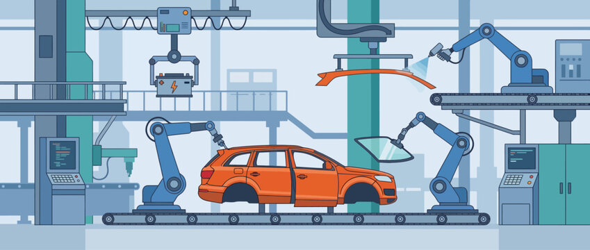 An advanced assembly line showcases robotic arms conducting multiple tasks on an orange car body, highlighting technological innovation in automotive manufacturing.