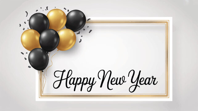 Elegant minimalist Happy New Year greeting card illustration with golden frame, festive balloons, and confetti on a clean gradient background, perfect for celebrations and messages