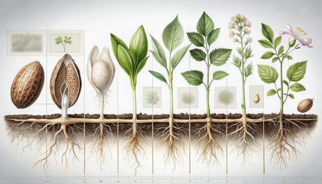 Plant's Life Cycle Visualization Botanical Study of Germination and Growth Stages from Seed to Flower Showing Roots and Development Educational Artwork Biology Nature Science