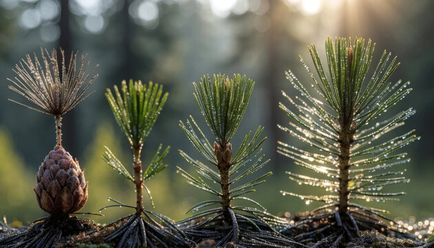 young pine tree seedlings growing on mossy log in soft sunlight