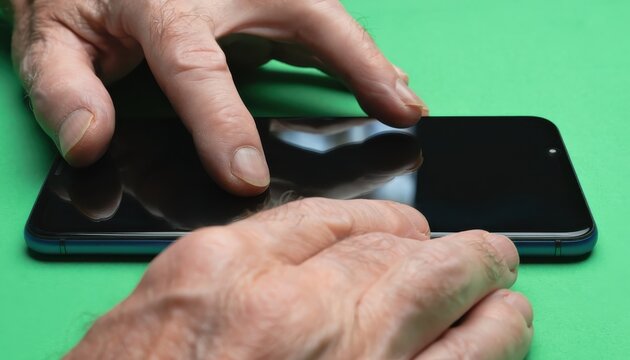 Applying Screen Protector Film on New Smartphone Senior Hands Carefully Aligning Protection Layer on Mobile Device Display for Enhanced Durability and Anti-Scratch Defense