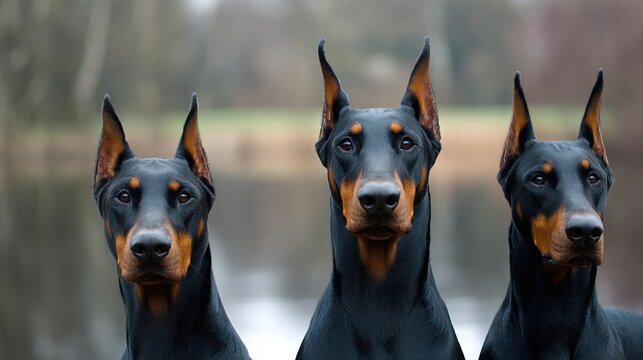 doberman. Three Doberman dogs turning heads in synchronization, natural outdoor dog photography. wildlife magazines, conservation campaigns, designed for wildlife conservation campaigns.