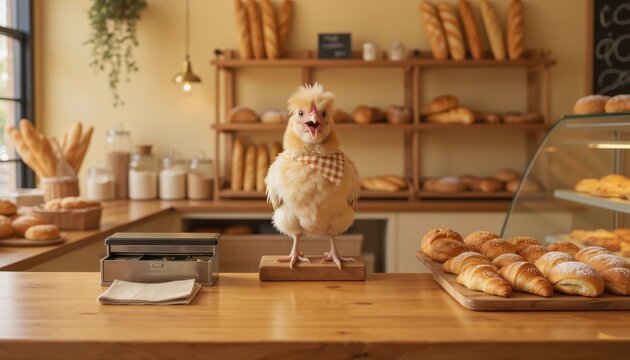 Poultry Posing in Artisan Bread Shop Humorous Hen Inspecting Fresh Baked Goods Display Funny Farmyard Fowl in Patisserie Setting Culinary Comedy Concept