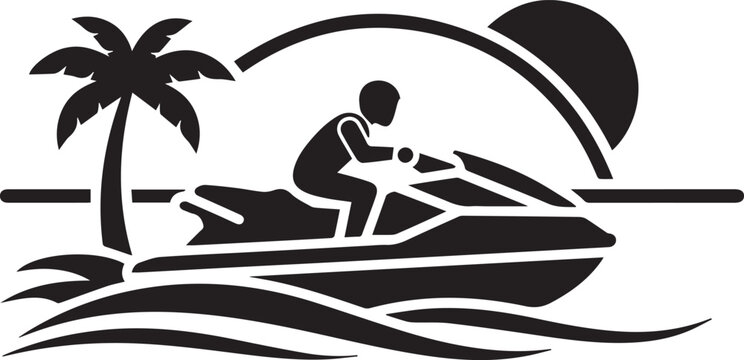 Jet Ski Rider on Tropical Beach with Palm Tree and Sunset Icon