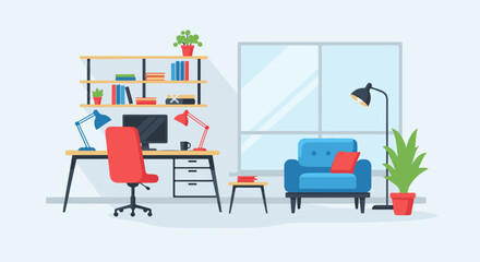 Fototapeta premium Bright, modern home office with desk, chair, bookshelves, and armchair by window