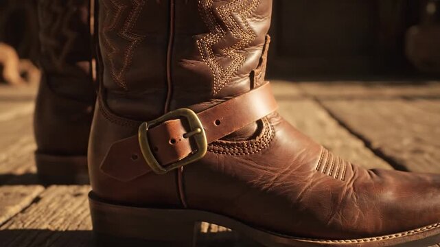 Close up of a brown leather cowboy boot on wooden surface