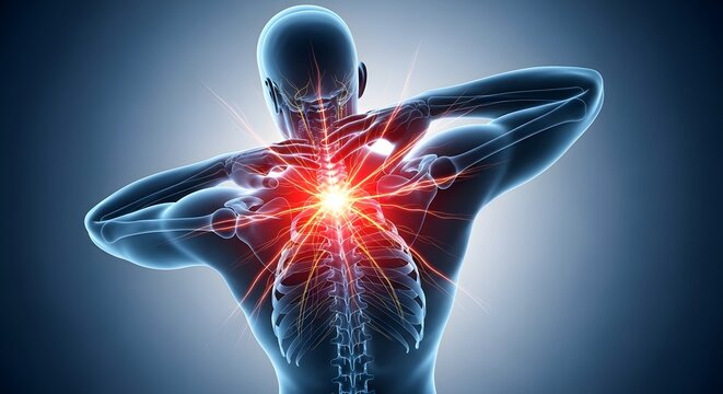 Back pain and spinal nerve inflammation. Chiropractic therapy and orthopedic recovery. Rear view of human body with glowing nerves and pained spine area