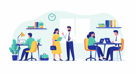 Fototapeta premium Modern office scene with professionals collaborating and working on laptops