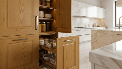 Fototapeta premium A beautifully organized custom wooden pantry cabinet, featuring open doors that showcase well-arranged shelves, several pull-out drawers, various food storage containers, and elegant bowls,...