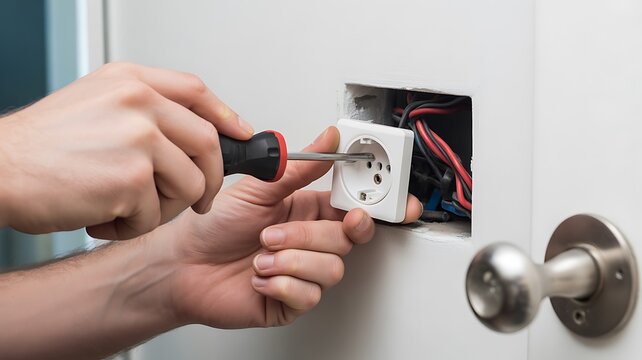 Electrician installing, replacing electrical outlet, wiring, socket, renovation