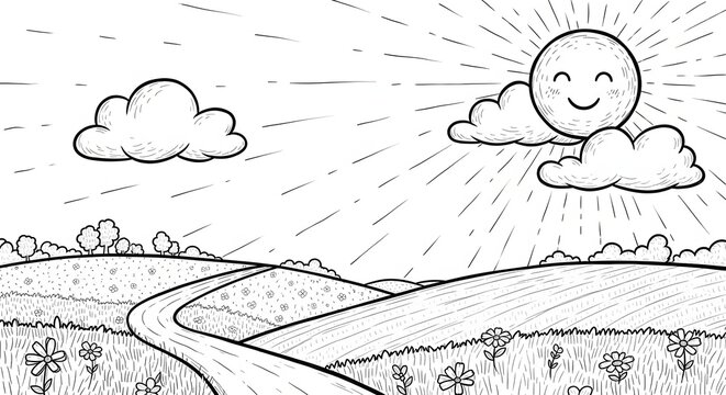 Title whimsical black and white landscape with smiling sun and clouds description a charming hand drawn illustration depicts a sunny landscape with a