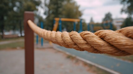 Fototapeta premium Close up of a thick textured rope on a wooden post in a playground with blurred playground equipment in the background