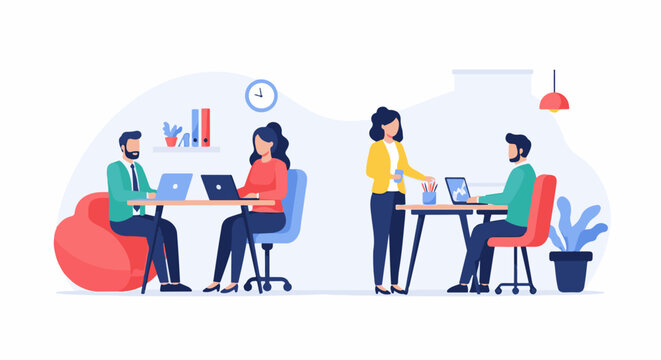 Two pairs of colleagues work diligently at desks with laptops in a modern, bright office space