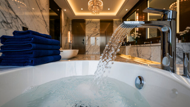 Modern chrome bathroom faucet pouring fresh water into a white ceramic bathtub filled with bubbles beside a neat stack of soft dark blue towels in a bright and clean room setting designed for...