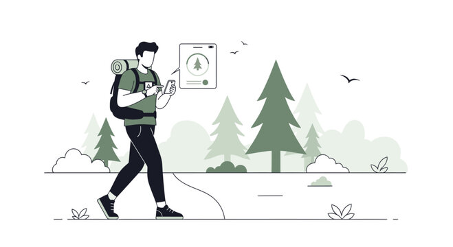 Hiker using smartphone app for navigation in a serene forest landscape