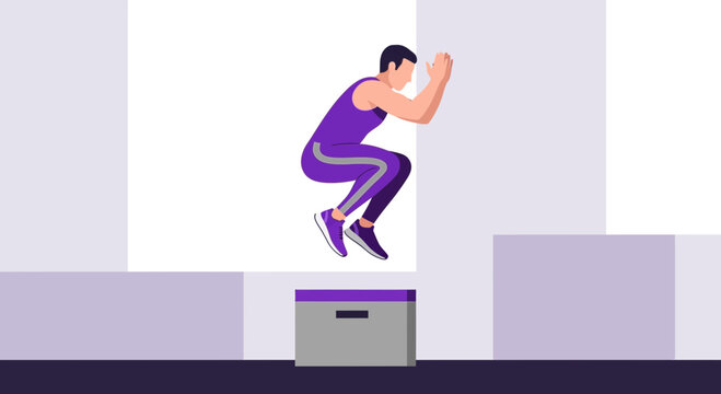 Man doing box jumps for fitness, athletic workout, strength training, and cardio exercise.