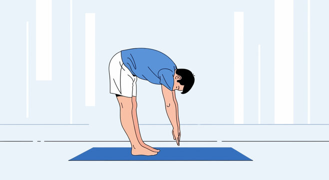 Man doing forward fold yoga pose on mat, stretching hamstrings and back